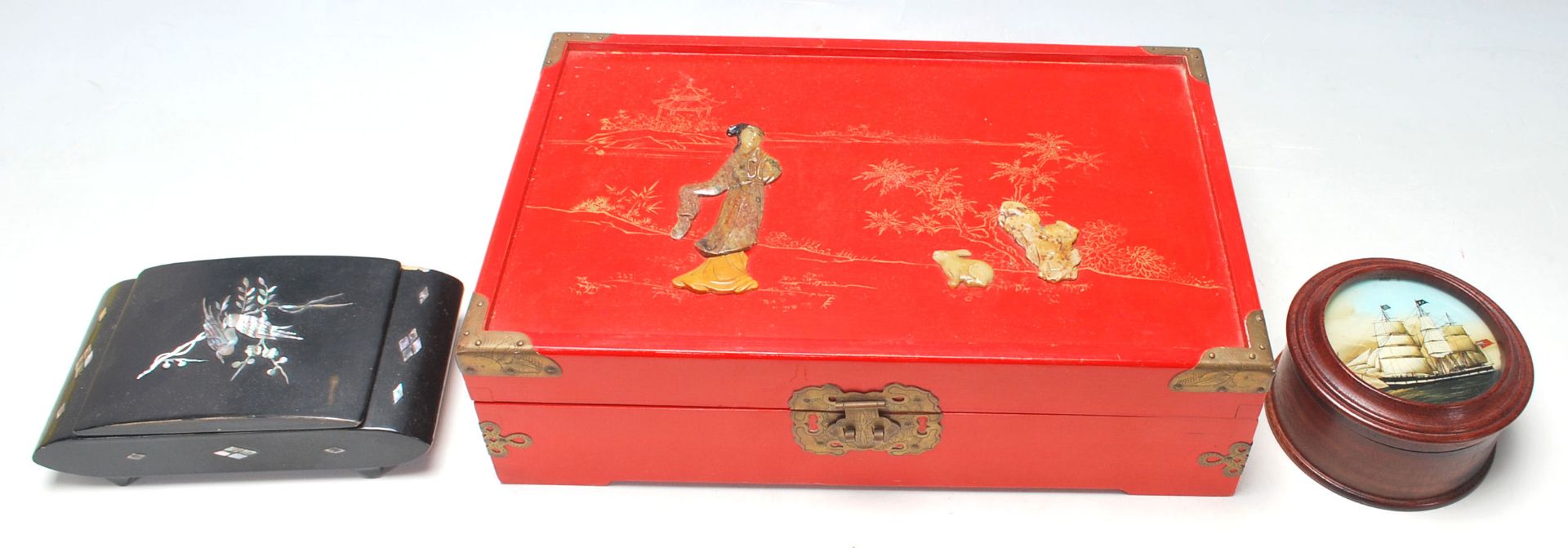 A good collection of early 20th century Edwardian Chinese boxes to include a red lacquered jewellery