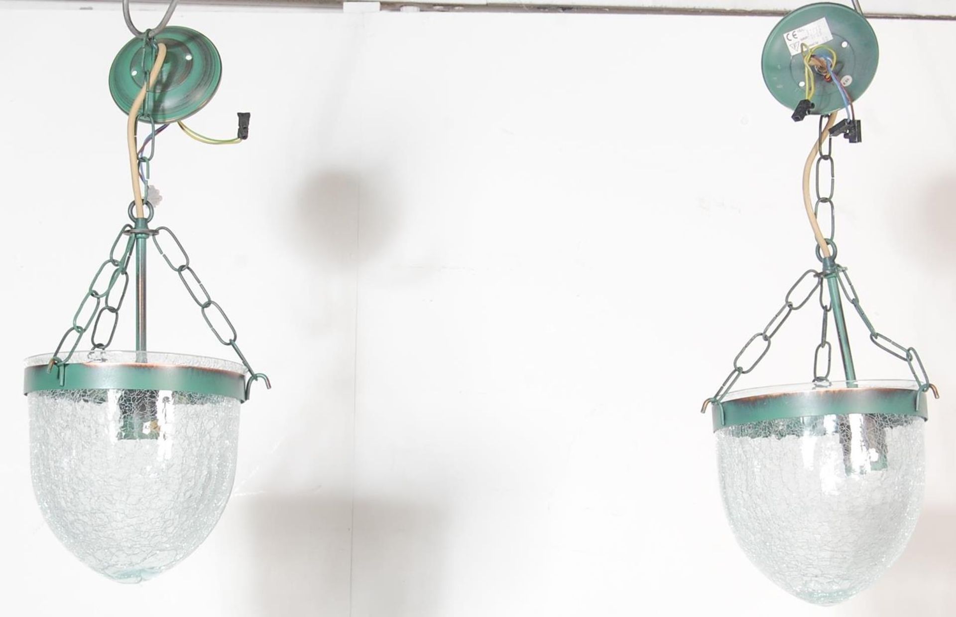 A pair of 20th century contemporary antique style shabby chic ceiling hanging lights with crackle