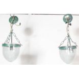 A pair of 20th century contemporary antique style shabby chic ceiling hanging lights with crackle