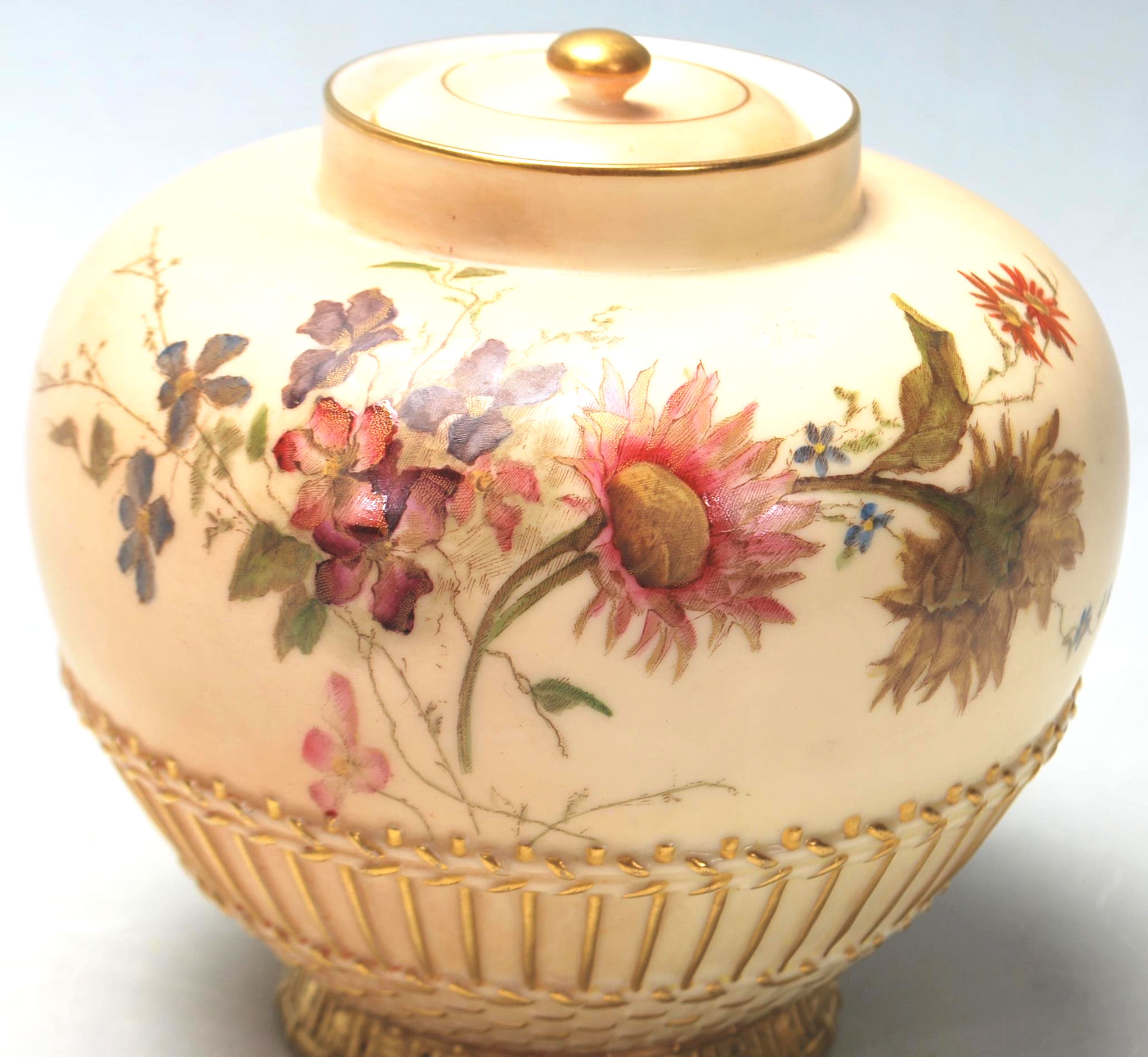 A Royal Worcester Ivory Blush lidded pot - vase. Hand painted detailing with embellished gilded foot - Image 2 of 7