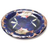 A 19th Century Victorian Joseph Holdcroft Majolica cobalt blue bread dish decorated with fish and