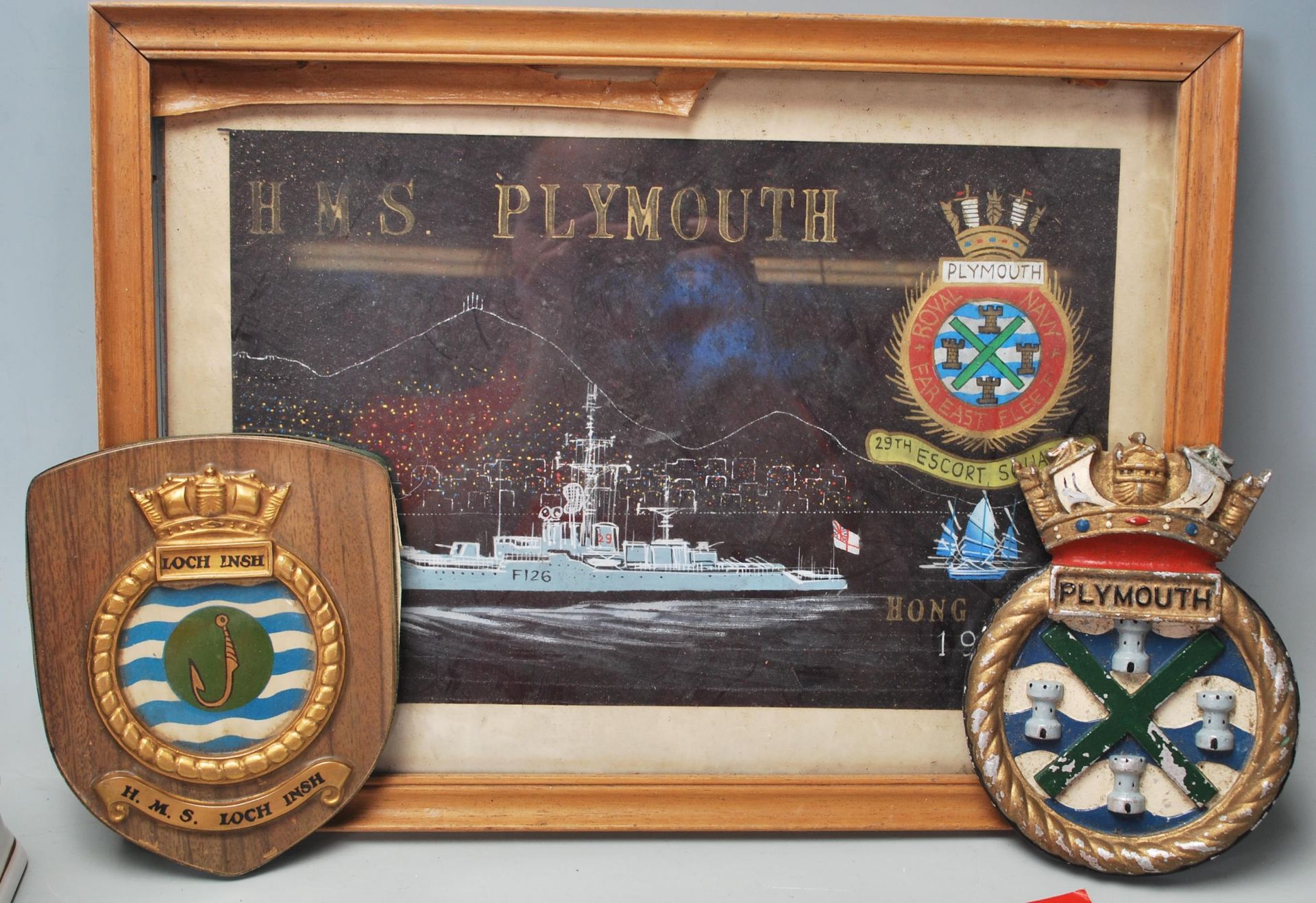 A group of Royal Navy / Naval related items to include a framed HMS plymouth painting on black, a - Bild 2 aus 7