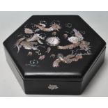 A vintage 20th century oriental Japanese / Chinese black lacquer and inlaid mother of pearl