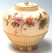 A Royal Worcester Ivory Blush lidded pot - vase. Hand painted detailing with embellished gilded foot
