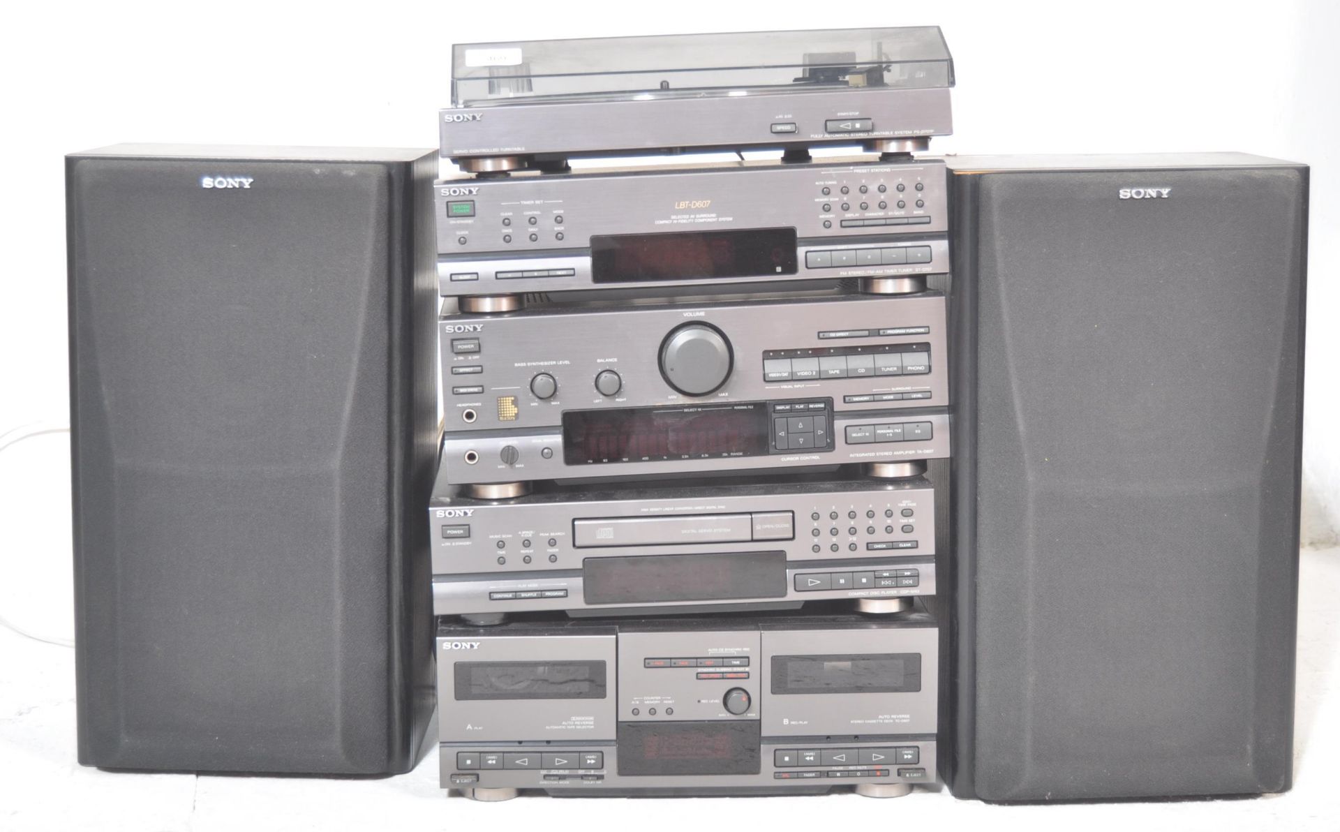 A vintage 20th century Sony Hi-Fi stacking system comprising of a CD player, radio tuner, turntable,