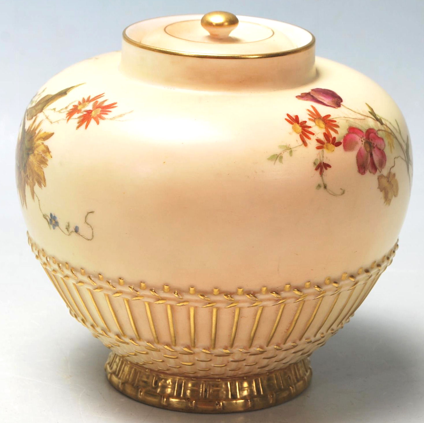 A Royal Worcester Ivory Blush lidded pot - vase. Hand painted detailing with embellished gilded foot - Image 4 of 7