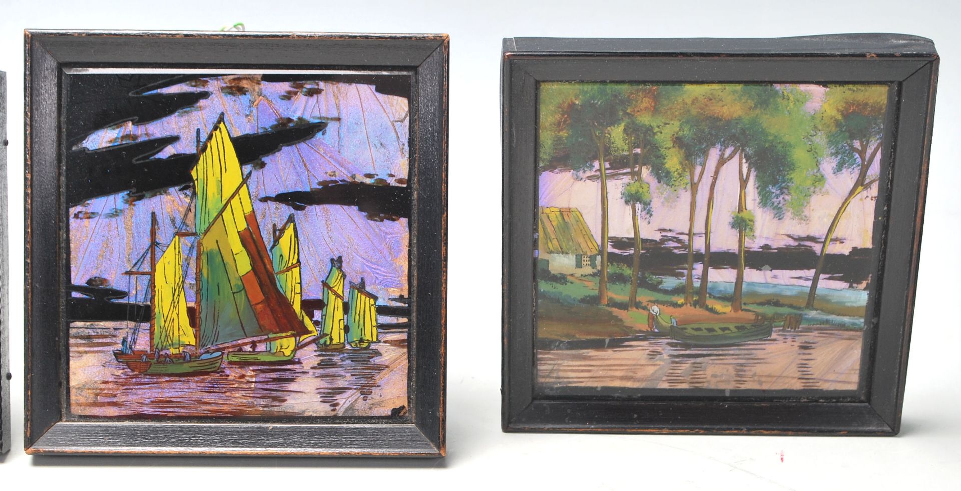 A group of four vintage 20th century butterfly wings pictures, depicting fishing boats on a river - Bild 3 aus 4