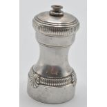 A 20th century French silver hallmarked pepper grinder having twist top with adjustable knob atop