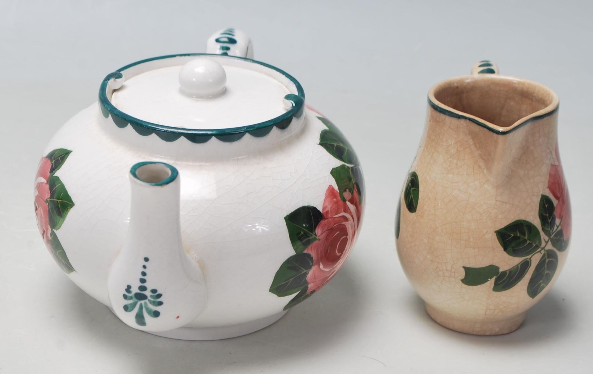 A rare early 20th century Bristol Poutney Rose pattern pottery ceramic teapot and matching creamer - Bild 2 aus 7