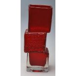 A vintage retro Whitefriars red glass ' drunken bricklayer ' style vase having three tiers with