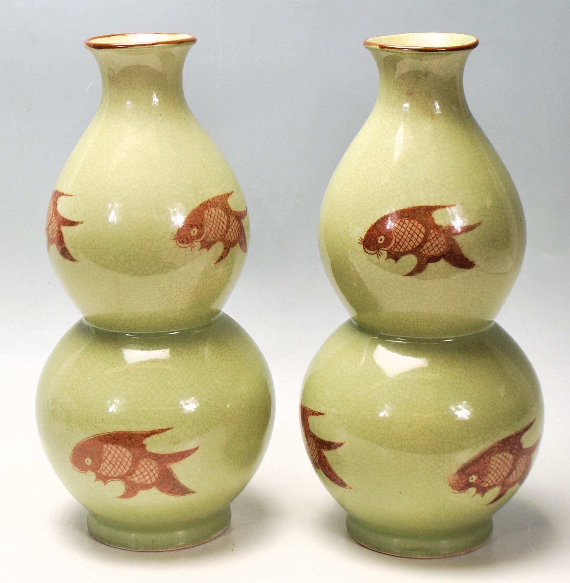 CHINESE CELADON DOUBLE GOURD FISH VASES