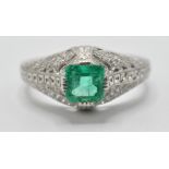 ART DECO STYLE EMERALD AND DIAMOND COCKTAIL RING