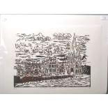 A late 20th Century linocut print by Rob Morton of St Mary Redcliffe church in Bristol. The