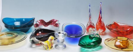 A collection of 20th century studio art glass comprising a pair of Murano cockerels, Whitefriars