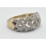 A hallmarked 9ct gold pierced knot design ring being illusion set with diamond accent stones.
