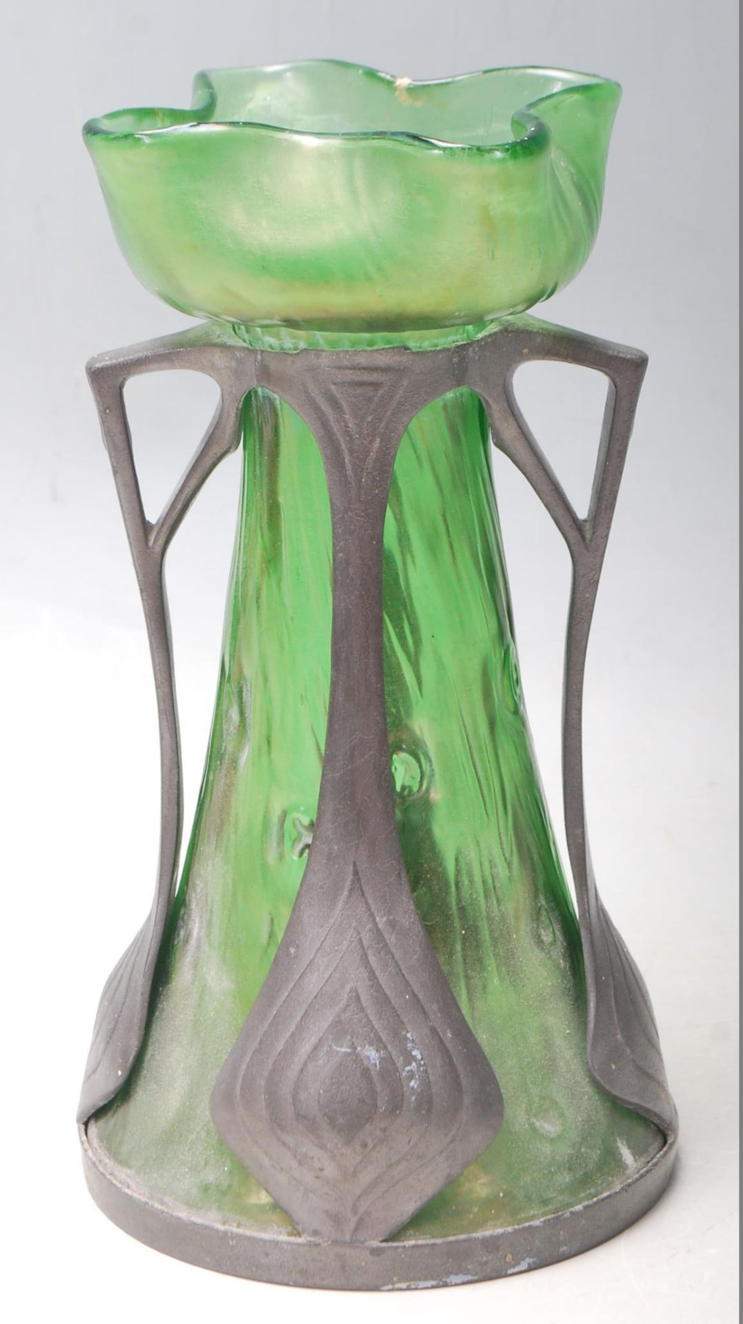A late 19th Victorian / early 20th Century Art Nouveau Loetz iridescent green glass and  pewter vase