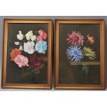 A pair of retro vintage late 20th Century acrylic paintings of blooming flowers having a dark