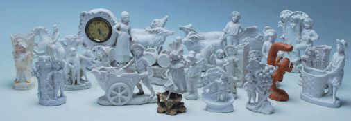 A group of 20th Century bisque parian ware figurines to include a small clock figurine in the form