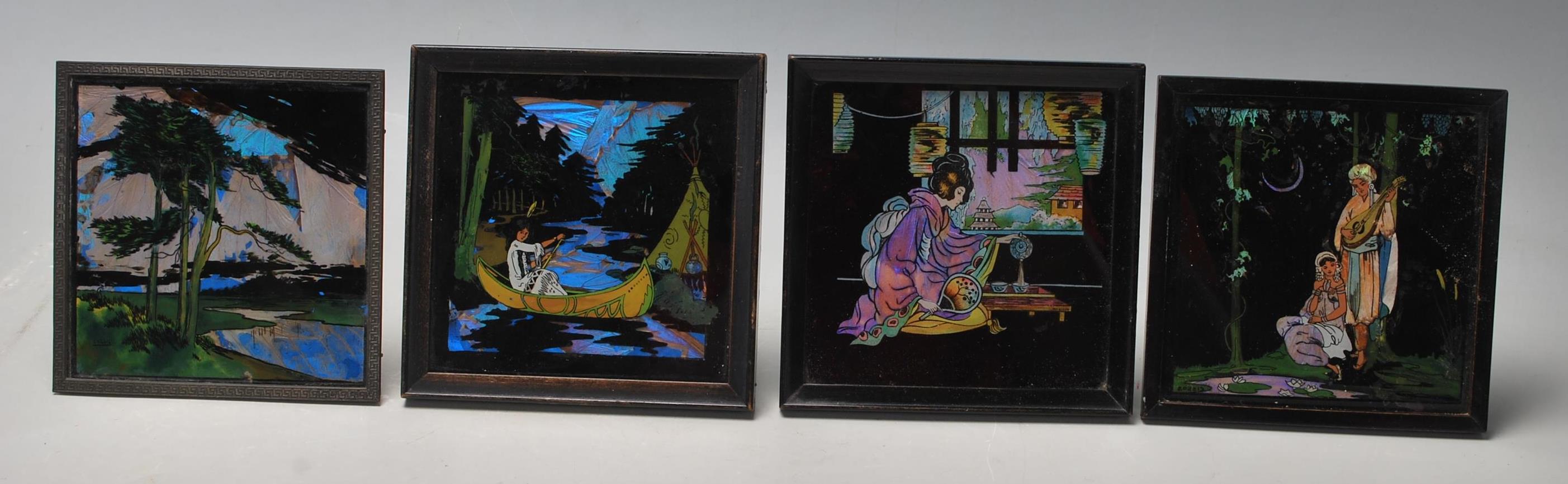 A group of four vintage 20th century butterfly wings pictures, depicting fishing boats on a river