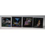 A group of four vintage 20th century butterfly wings pictures, depicting fishing boats on a river