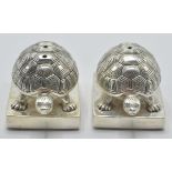 Pair of Unusual 925 silver plated condiments in the form of pair of Tortoise raised on a plinth base