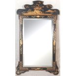 A 19th century ebonised chinoiserie black lacquer wall pier mirror. The rectangular mirror set