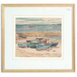 A. L. Searle - a Cornish watercolour on paper painting depicting a group of moored boats on a