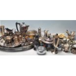 A large collection of assorted silver plate / silver plated wares to include flatware, gallery tray,