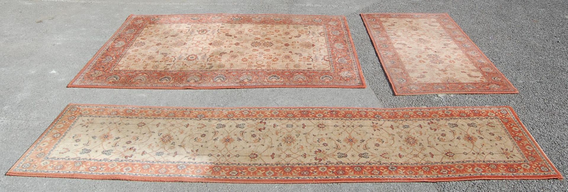 A set of three late 20th century Super Taj brown carpet rugs with geometrical pattern and light - Image 2 of 11