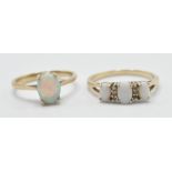 Two stamped 375 9ct gold rings to include one ring prong set with an oval opal cabochon (marked 375,