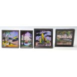 A group of four vintage 20th century butterfly wings pictures, depicting fishing boats on a river