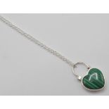 A silver 925 heart shaped padlock malachite pendant necklace with engraved detailing to the verso.