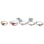 A collection of five 925 silver rings with semiprecious stones in various shapes. Total gross