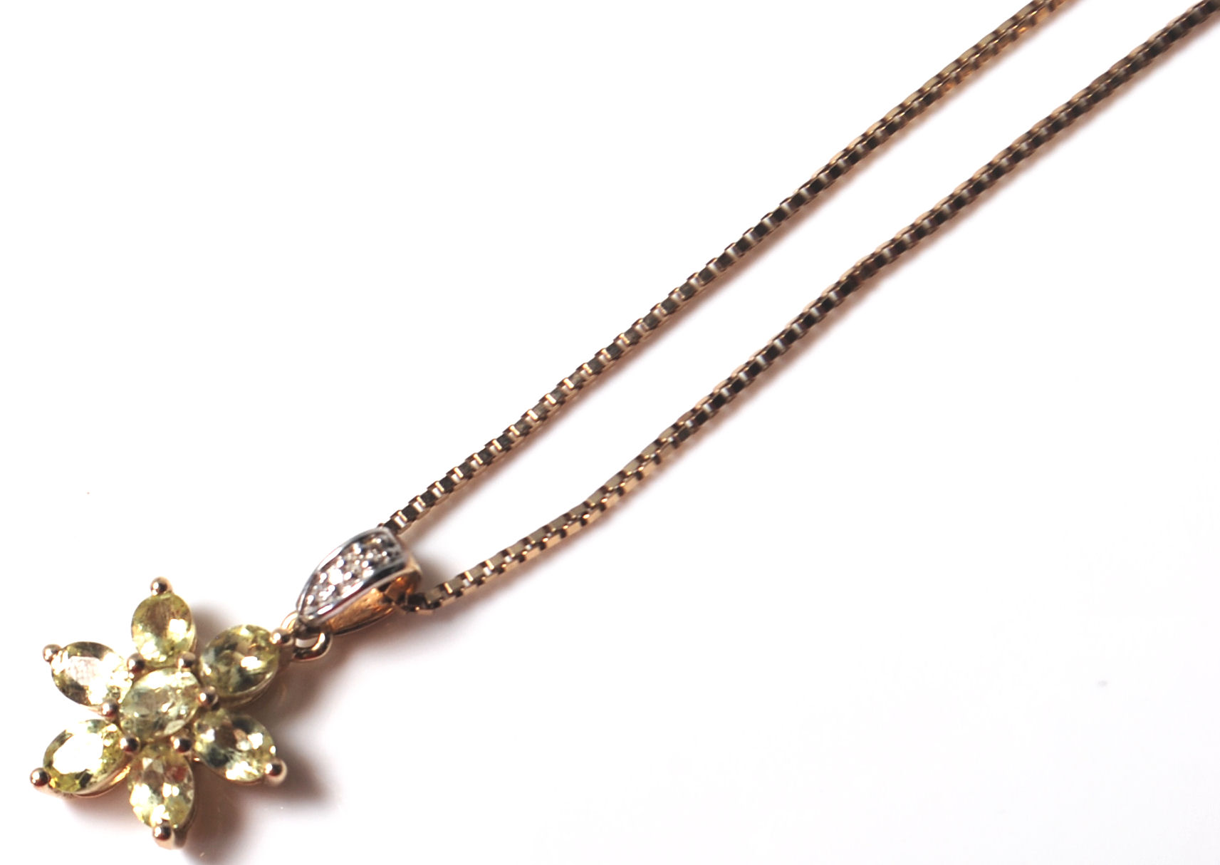 A 9ct gold necklace with spring ring clasp and a 10ct gold pendant in a flower head set in the