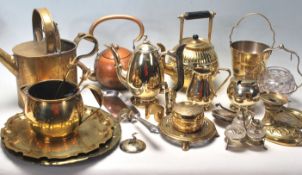 A collection of late 20th century brass ware items to include teapot, chargers, candlesticks,