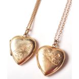 A pair of hallmarked 9ct gold lockets and necklace chain. The lockets are in heart shape with