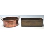 Two vintage handmade copper items to include copper pan of oval form with a brass handle attached