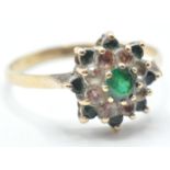 9CT GOLD GREEN AND WHITE STONE CLUSTER RING