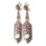 A PAIR OF STAMPED 925 SILVER ART DECO STYLE DROP EARRINGS SET WITH OPALS, MARCASITES AND PINK STONES