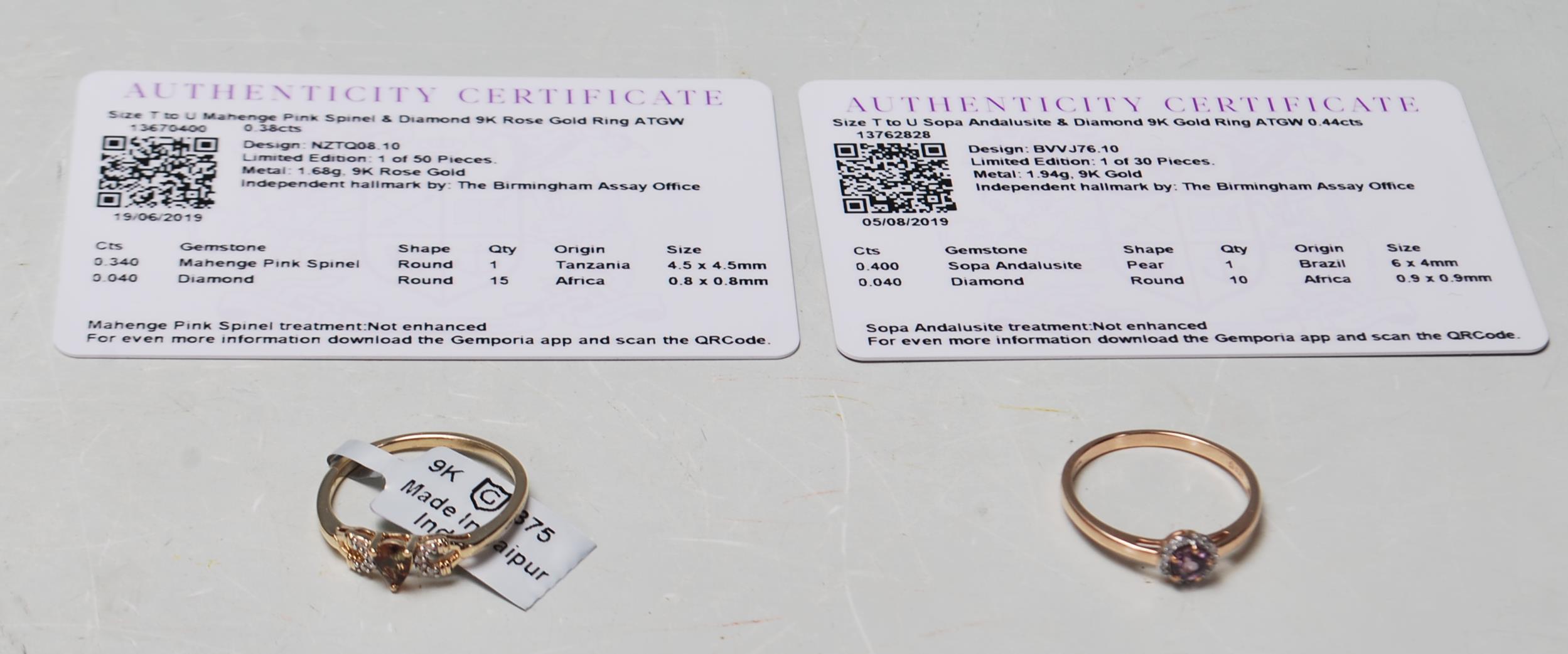 A pair of Gemporia hallmarked 9ct gold rings. A 9k rose gold ring with 0.340 Mahenge Pink Spinel and