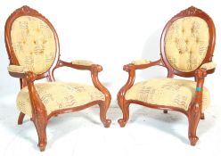 A pair of late 20th century antique style French Louis the 16th armchairs having mahogany frame with