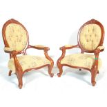 A pair of late 20th century antique style French Louis the 16th armchairs having mahogany frame with