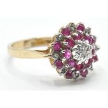 9CT GOLD RED AND WHITE STONE CLUSTER RING