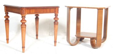 An early 20th century walnut veneer Art Deco coffee table with bent wood supports and underneath