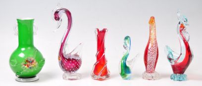 A collection of vintage 20th century  art studio Murano glass to include a swan, cock, duck, vases,