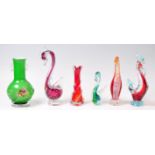 A collection of vintage 20th century  art studio Murano glass to include a swan, cock, duck, vases,