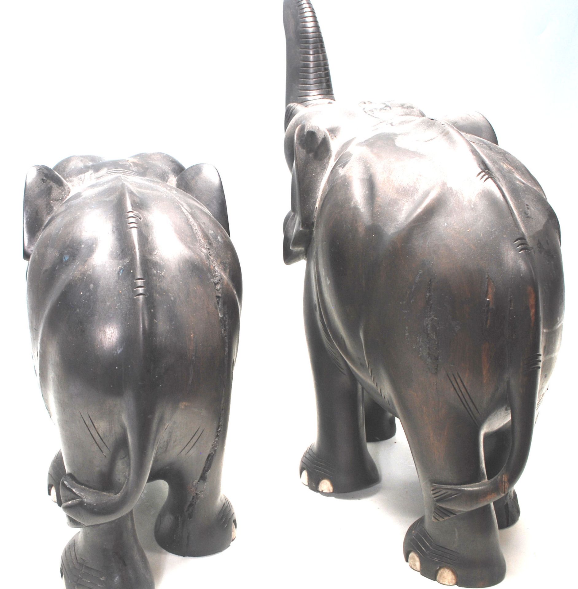 A collection of three antique 19th Century African ebony and ivory elephants of graduating height. - Bild 4 aus 4