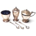 THREE SILVER HALLMARKED CONDIMENT SET AND THREE SILVER CONDIMENTS SPOONS.