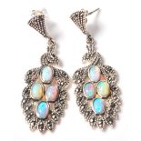 A PAIR OF 925 STAMPED SILVER AND OPAL DROP EARRING IN THE FORM OF PEACOCKS