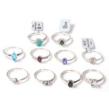 Ten Gemporia silver rings comprising of various shapes and sizes with semiprecious stones and